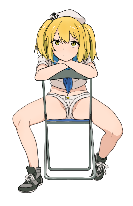 anchor_symbol bad_id bad_pixiv_id blonde_hair chair crossed_arms dress female folding_chair full_body hat kitashirakawa_chiyuri looking_at_viewer midriff navel neckerchief on_chair partially_visible_vulva sailor_dress short_shorts shorts sitting sitting_backwards solo spread_legs thighs touhou touhou_(pc-98) toujou_(toujou_ramen) twintails upshorts yellow_eyes