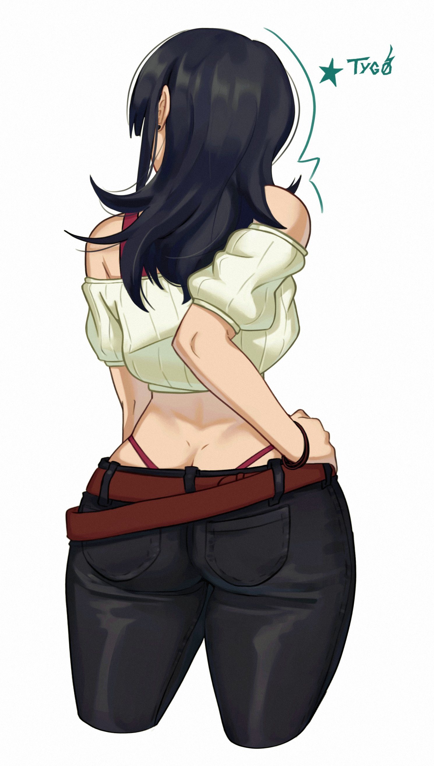 1girls, 2026, 2d, artist name, ass, ass crack, back view, belt, clothed, clothes, clothing, color, colored, digital media (artwork), ear piercing, earrings, from behind, hand on hip, hoshi kirara, jujutsu kaisen, light skin, light-skinned female, pants, shirt, shounen jump, solo, thighs up, trans woman, transfem, tygollyne, white background