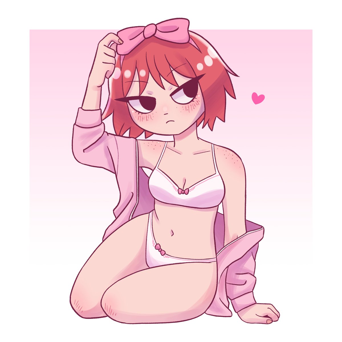 1girls, arm up, black eyes, blush, bow, female, freckles, freckles on face, freckles on shoulders, hairbow, heart, kim pine, kneeling, kvromi kvlt, panties, red hair, scott pilgrim, short hair, solo, solo female, underwear, valentine's day, white underwear