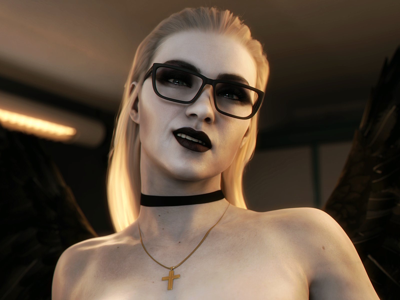 1girls, 3d, 3d (artwork), alternate costume, alternate hairstyle, assertive female, bare shoulders, black lipstick, blonde female, blonde hair, blonde-haired female, capcom, choker, choker only, christian cross, crucifix, dark lipstick, dominant female, evil grin, eyelashes, eyeshadow, female, glasses, goth, goth girl, grin, grinning, light skin, light-skinned female, lips, lipstick, long hair, looking at viewer, looking down, looking down at viewer, makeup, mature, mature female, milf, mole, mommy, mother miranda (resident evil), naked, naked female, no bra, nude, nude female, pale skin, pale-skinned female, pov eye contact, resident evil, resident evil 8: village, shoulders, slicked back hair, smirk, smirking, smirking at viewer, solo, solo female, teeth, topless, white-skinned female, word2