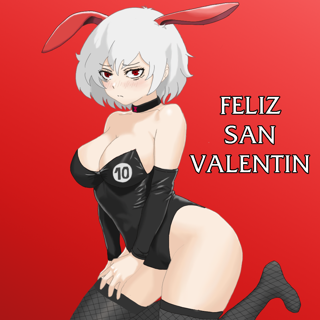 albedo_(ben_10) albedo_(chaquetrix) ben_10 big_breasts blush blushing_at_viewer breasts bunny_costume bunny_ears bunny_girl bunnysuit female female_only fishnets genderswap_(mtf) grey_hair human looking_at_viewer necklace red_background red_eyes rule_63 solo solo_female solo_focus thick_thighs thighhighs thighs valentine's_day white_hair