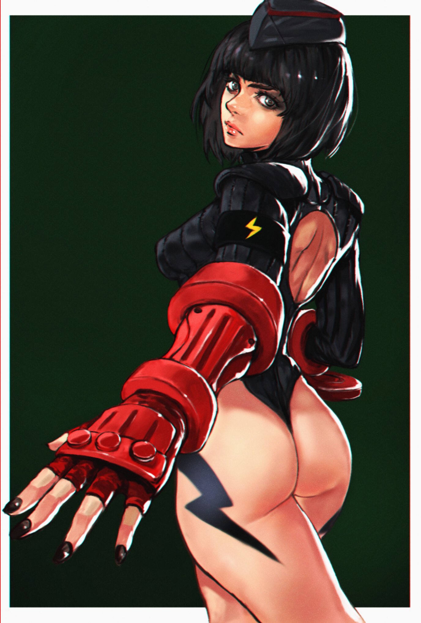 1girls ass black_hair cammy_white_(cosplay) female female_only fingerless_gloves from_behind gloves hat hi_res leotard looking_at_viewer looking_back nail_polish short_hair solo sphere_hunter street_fighter suzi_hunter tattoo thighs