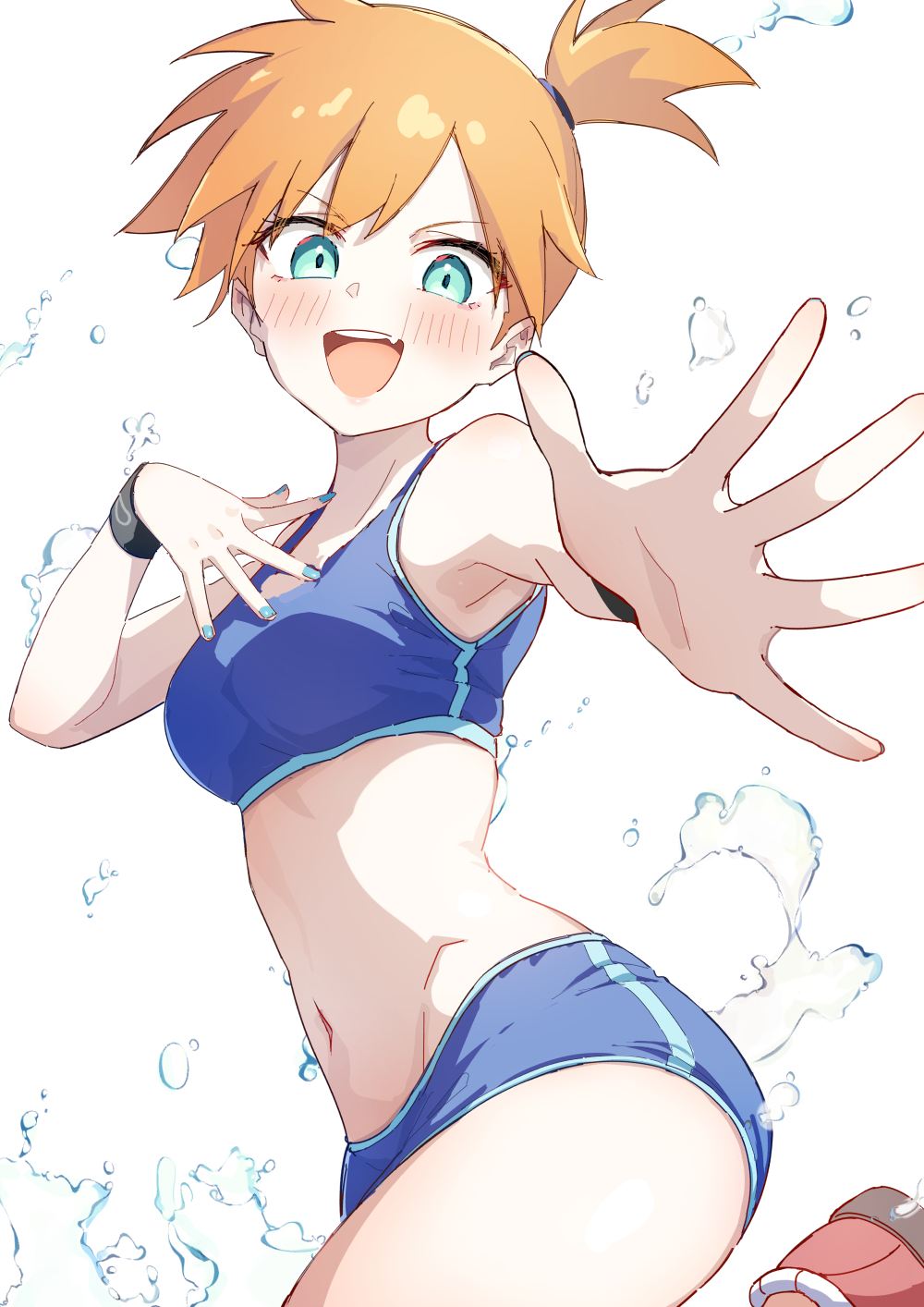 armpits bare_arms bare_belly bare_legs bare_shoulders bare_thighs belly_button blue_buruma blue_eyes blue_nails blue_sports_bra blush body_blush brat_(brabrabrat00) breasts buruma female groin kasumi_(pokemon) medium_breasts nail_polish open_mouth orange_hair pokemon side_ponytail sports_bra thighs toned_female wristband