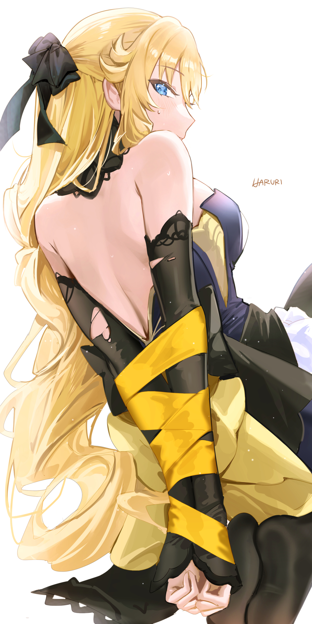1girls, arms behind back, back, backless dress, backless outfit, bare back, bare shoulders, blonde female, blonde hair, blonde-haired female, blue eyes, bondage, bound, bound arms, bound wrists, detached sleeves, dress, eyelashes, eyeliner, female, genshin impact, hi res, high resolution, highres, hoyoverse, looking at viewer, looking back, mihoyo, navia (genshin impact), nervous, open back, ribbon, ribbon bondage, ribbons, ripped clothing, simple background, solo, solo female, solo focus, sweat, tied up, white background, worried, worried expression, worried look, yellow hair, yellow ribbon
