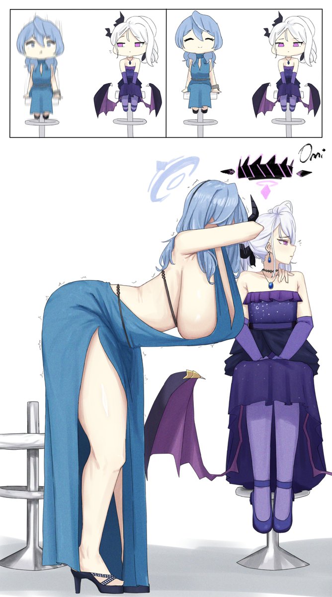 2girls ako_(blue_archive) ako_(dress)_(blue_archive) big_breasts blue_archive blue_dress blue_eyes blue_hair breasts chair funny gehenna_academy_student halo head_prefect_(blue_archive) height_difference hina_(blue_archive) hina_(dress)_(blue_archive) light-skinned_female long_hair meme motion_lines nexon_(company) omikami petite_female prefect_team_(blue_archive) purple_dress purple_eyes sideboob thick_thighs thighs watermark white_background white_hair