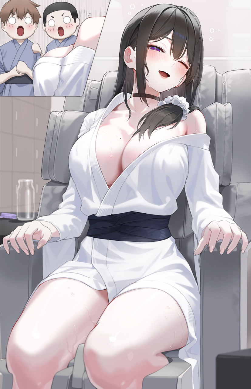 1girls 2boys big_breasts breasts cleavage kfr massage massage_chair one_eye_closed open_mouth original original_character purple_eyes sweat tagme thighs yukata