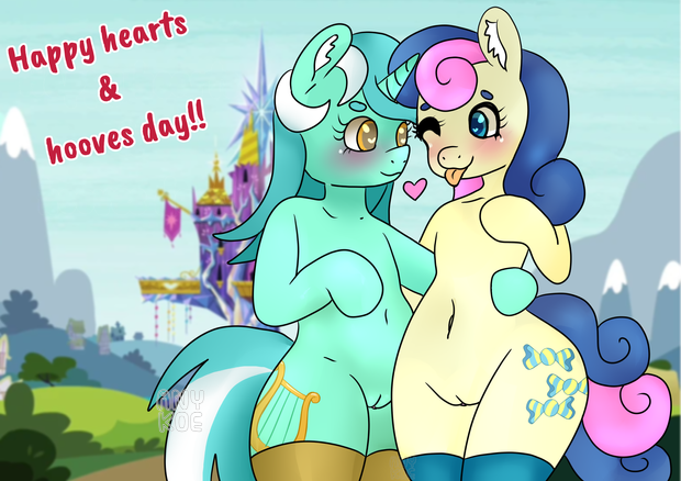 anthro anykoe blurred_background bonbon_(mlp) castle clothing duo embrace female female/female feral floating_heart footwear friends friendship_is_magic genitals hasbro heart hearts_and_hooves_day hug looking_each_other lyra_heartstrings_(mlp) my_little_pony ponyville pussy socks text tongue tongue_out vagina watermark