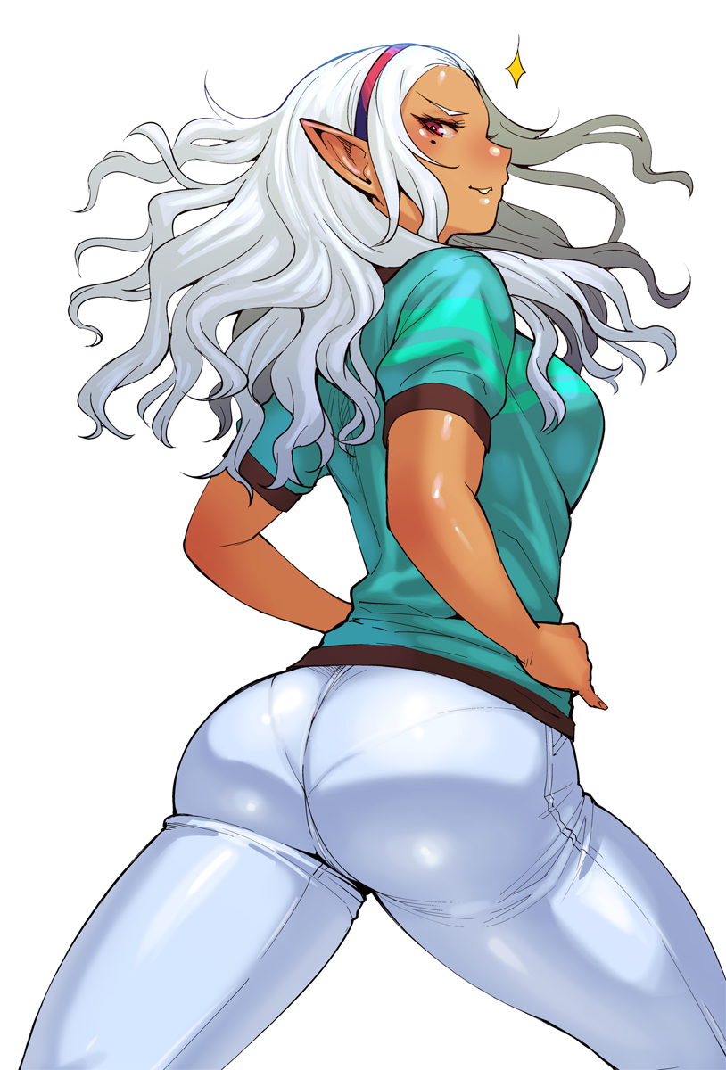 1girls ass big_ass breasts commentary_request curvy dark-skinned_female dark_elf dark_skin elf elf-san_wa_yaserarenai female female_only hairband hands_on_hips highres hip_focus humanoid jeans kuroeda long_hair looking_at_viewer looking_back mole mole_under_eye pants pantylines parted_lips pointy_ears simple_background skin_tight smile solo solo_female synecdoche thick_thighs thighs tight_jeans tight_pants white_background white_hair wide_hips