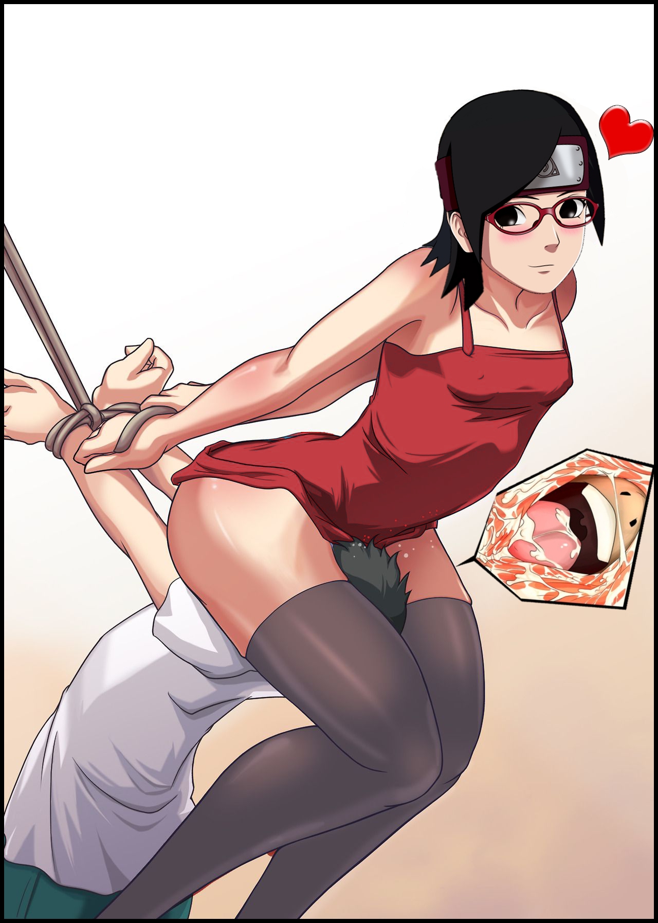 1boy, 1girls, black hair, black socks, bondage, boruto: naruto next generations, breasts, cunnilingus, domination, edit, facesitting, female, glasses, licking, licking pussy, male, naruto, naruto (series), naruto shippuden, pussy, red dress, sarada uchiha, slave, small breasts, socks, thigh socks, thighhighs, thighs, young