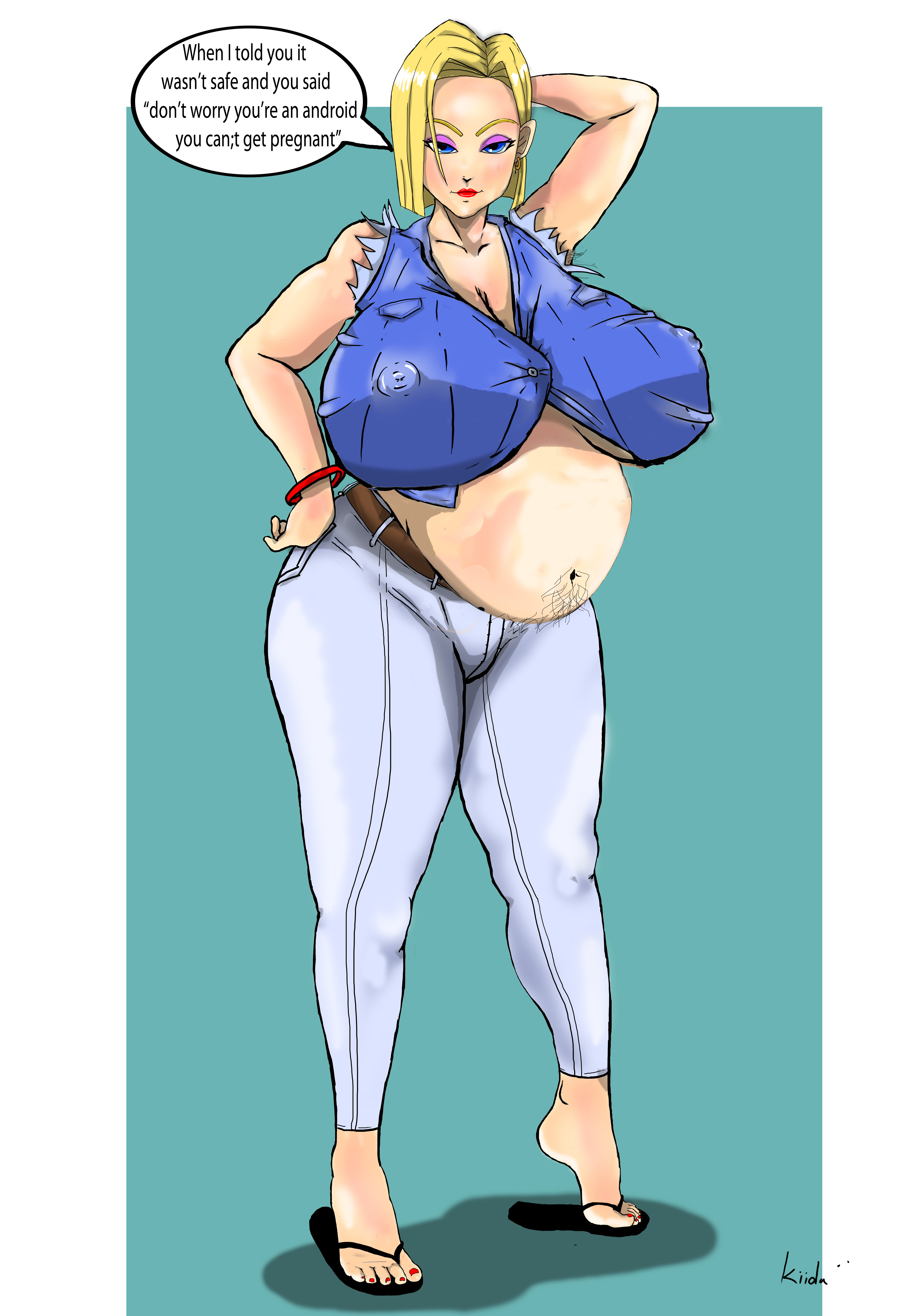 android 18, big breasts, breasts, dragon ball, dragon ball z, feet, female, huge breasts, kiidamoori, large breasts, milf, pregnant, sandals