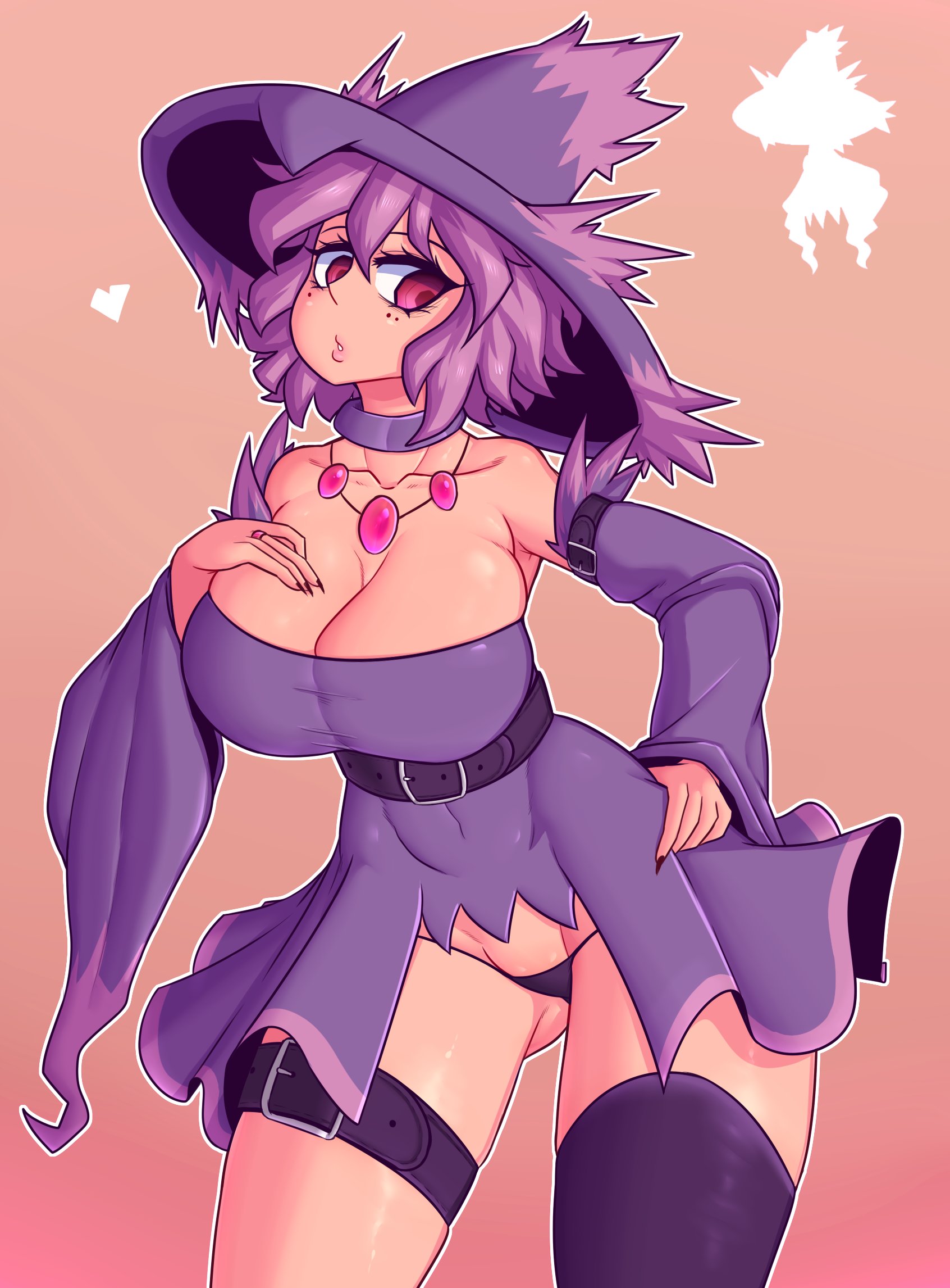 1girls, big breasts, black panties, breasts, cleavage, clothed, cuchuflin, dress, eye contact, female, female only, ghost, half-closed eyes, hat, huge breasts, human, humanized, humanized pokemon, large breasts, looking at viewer, lowleg panties, mismagius, panties, pokemon, pokemon (species), pokemon dppt, solo, thick thighs, thigh gap, thighhighs, wide hips