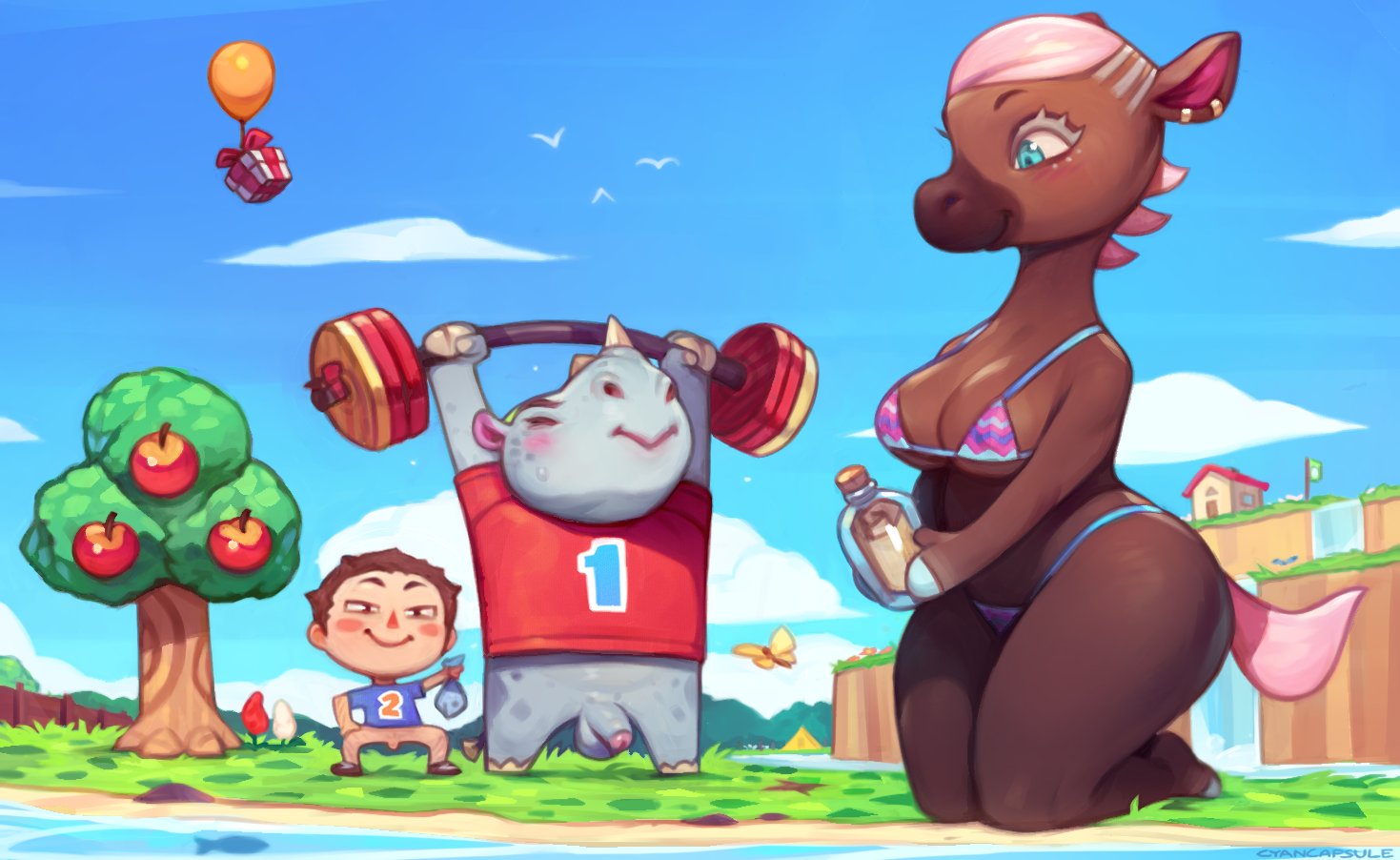 1girls, 2boys, animal crossing, anthrofied, apple, bikini, bottomless, butterfly, casual exposure, cyancapsule, female, fish, furry, male, nintendo, present, reneigh (animal crossing), rhinoceros, tagme, tent, tree, waterfall
