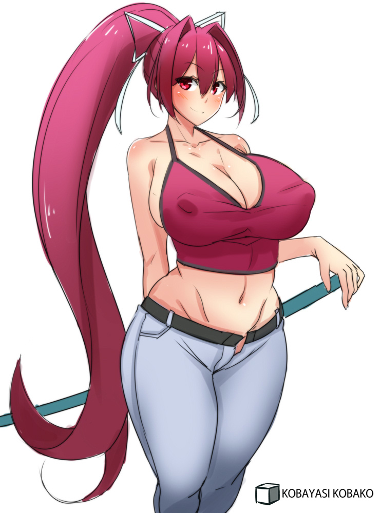 big breasts, breasts, female, female only, kobayashi kobako, long hair, nipples, nipples visible through clothing, ponytail, purple hair, red eyes, simple background, solo, solo female, solo focus, sword, tank top, thick thighs, under night in-birth, weapon, white background, yuzuriha (under night in-birth)