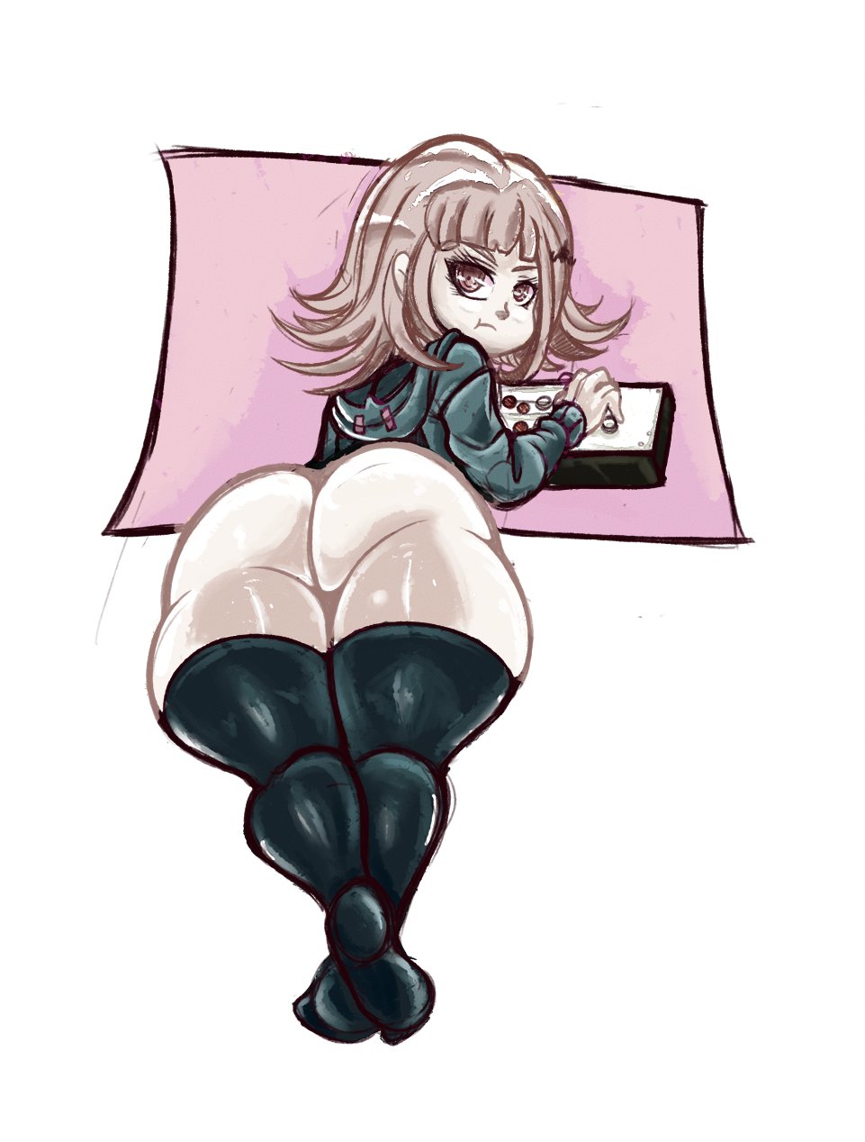 1girls, ass, danganronpa, danganronpa 2: goodbye despair, drillslewds, female, nanami chiaki, pout, solo, straight hair, thick thighs, thighhighs
