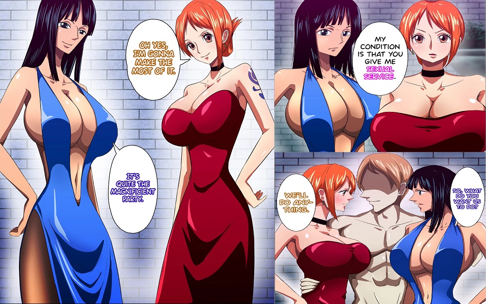 2girls big_breasts black_hair blue_dress breasts busty cleavage female hourglass_figure male nami nico_robin one_piece orange_hair pre-timeskip qdoujin red_dress shounen_jump voluptuous