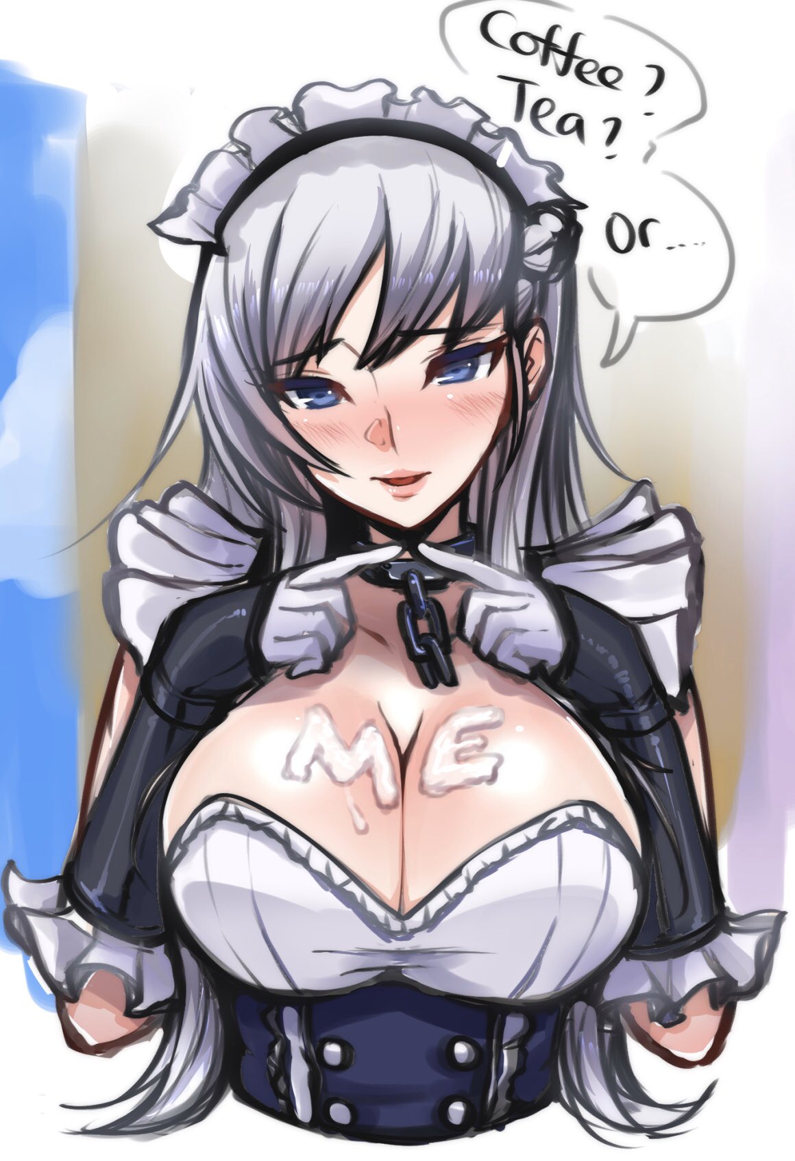 1girls, azur lane, belfast (azur lane), big breasts, breasts, cleavage, female, female only, large breasts, looking at viewer, solo, speech bubble, text, tinnies