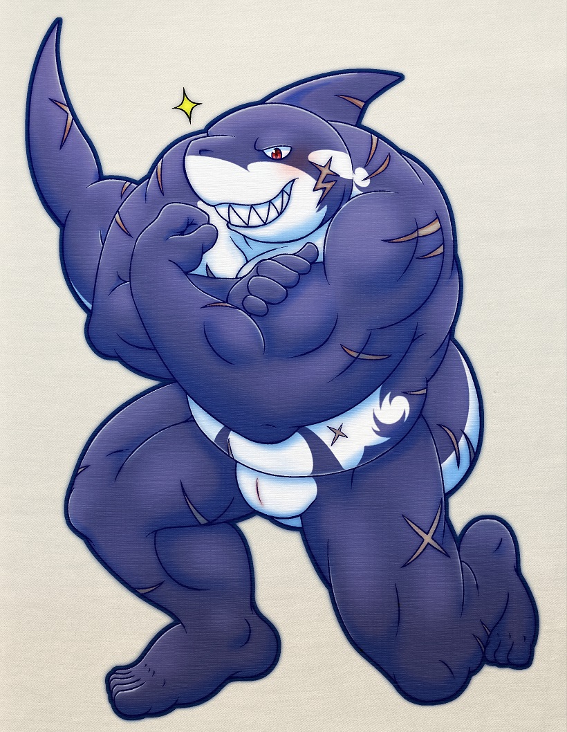 5_fingers 5_toes animal_genitalia anthro barazoku biceps black_body blush fingers fish flexing genital_slit genitals grin iriai_inasa male male_only marine muscular muscular_male nude red_eyes scar shark sharp_teeth simple_background slit smile solo teeth toes tokyo_afterschool_summoners typhon_(tokyo_afterschool_summoners) video_games white_body