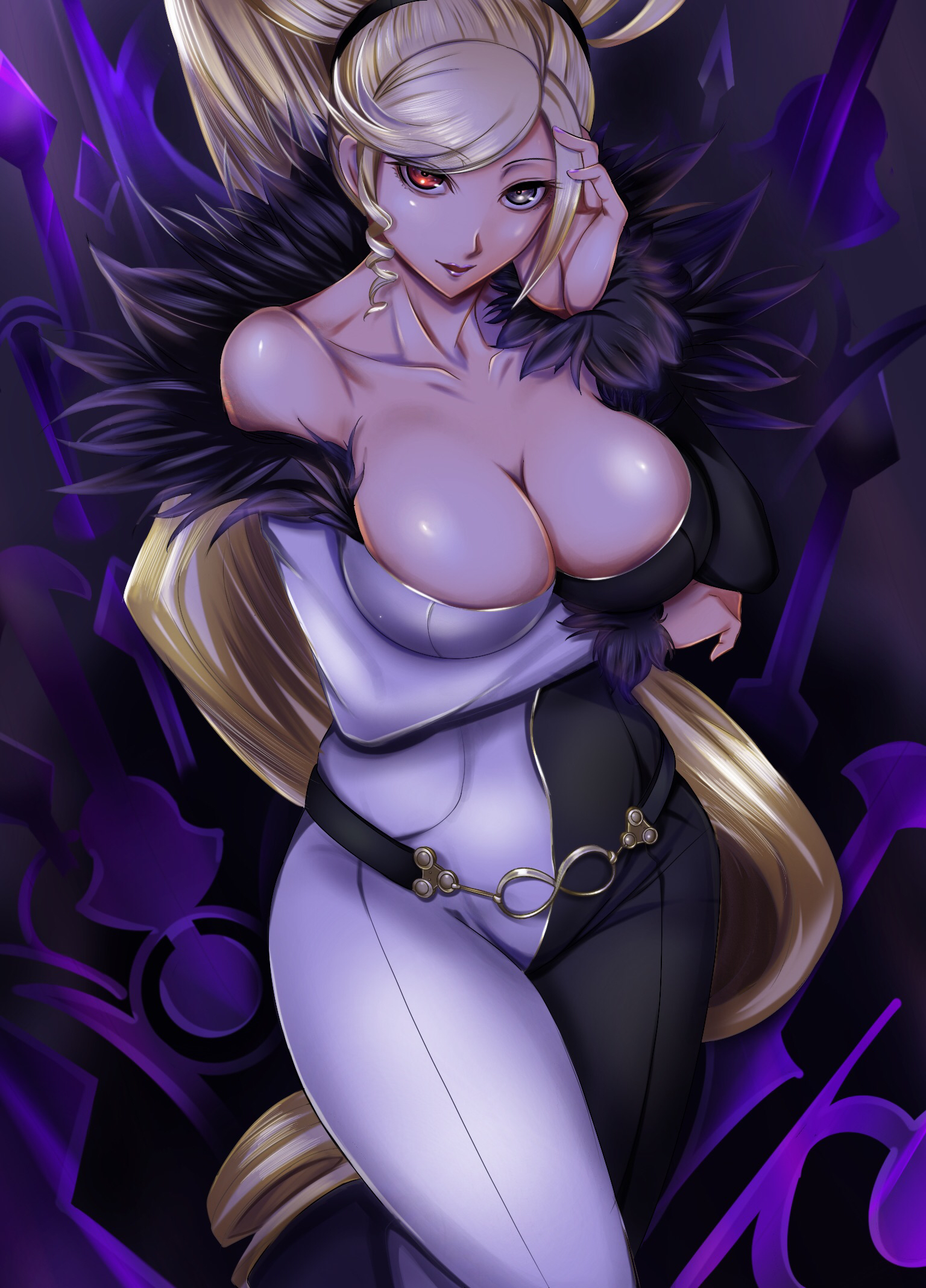 black eye, blonde hair, cleavage, female, gaien (artist), hilda (under night in-birth), long hair, mature female, multicolored eyes, ponytail, red eye, under night in-birth