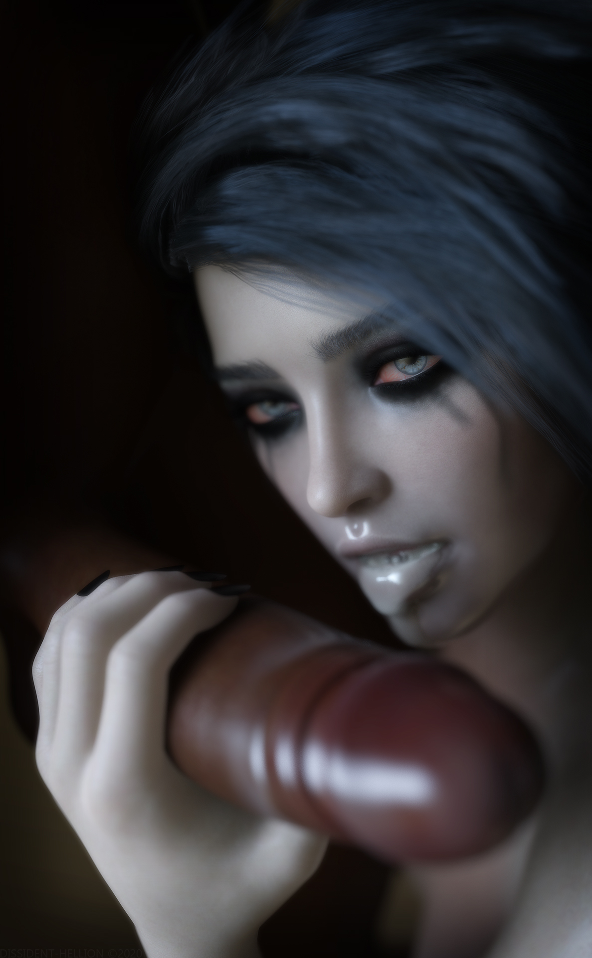 1boy, 1girls, 3d, after deepthroat, big penis, bloodshot eyes, blue eyes, cum, cum in mouth, cum in throat, dark room, dark skin, dark-skinned male, dissidenthellion, emo, eyeshadow, female, goth, handjob, holding penis, interracial, looking at viewer, male, mascara, oral, pale skin, penis, runny makeup