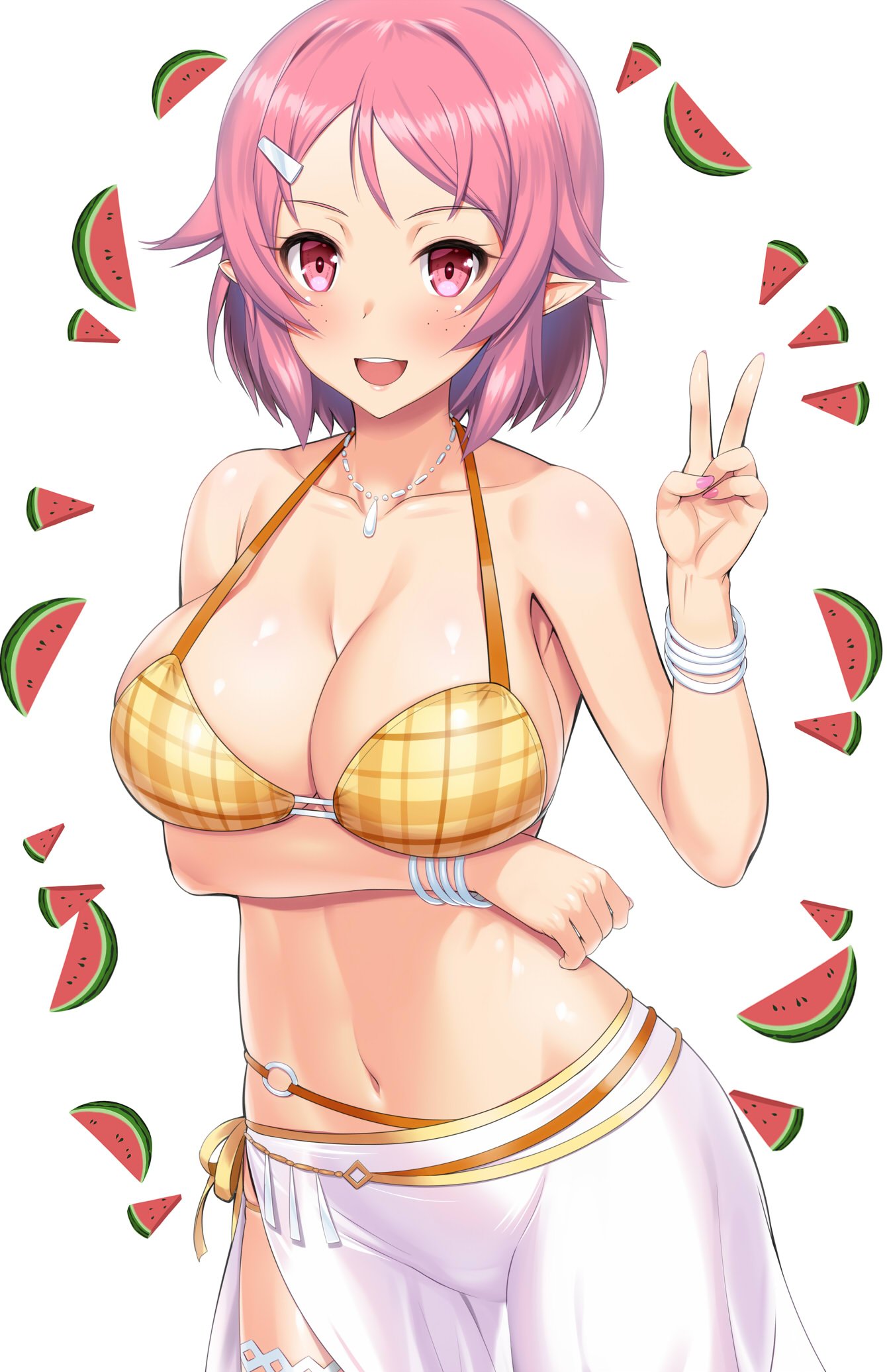 alfheim online, belly, belly button, bikini, blush, breasts, cleavage, female, freckles, large breasts, lisbeth, looking at viewer, open mouth, peace sign, pink eyes, pink hair, pink nails, pointy ears, shinozaki rika, short hair, sword art online, v, watermelon
