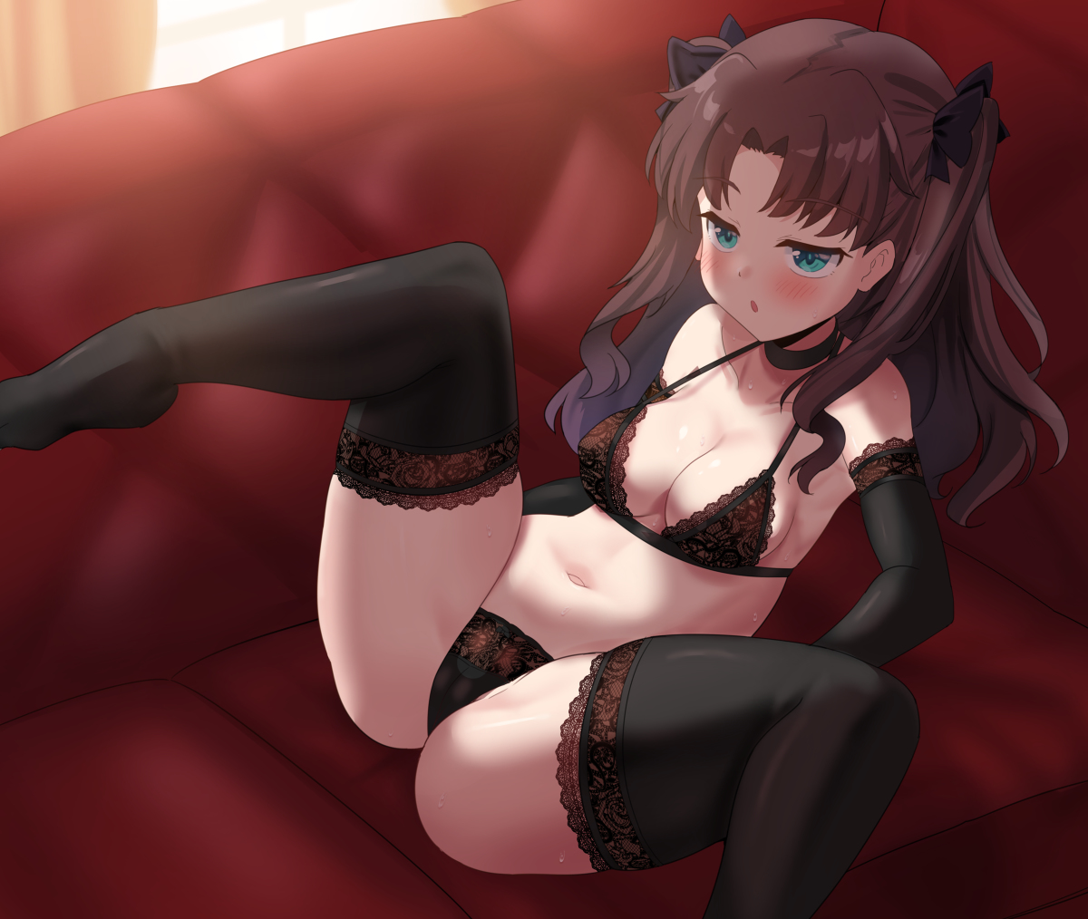 black legwear, black ribbon, blush, elbow gloves, fate (series), fate/stay night, female, gloves, hair ribbon, lingerie, long hair, lying, open mouth, ribbon, shiny, shiny skin, solo, spread legs, tohsaka rin, twintails, type-moon
