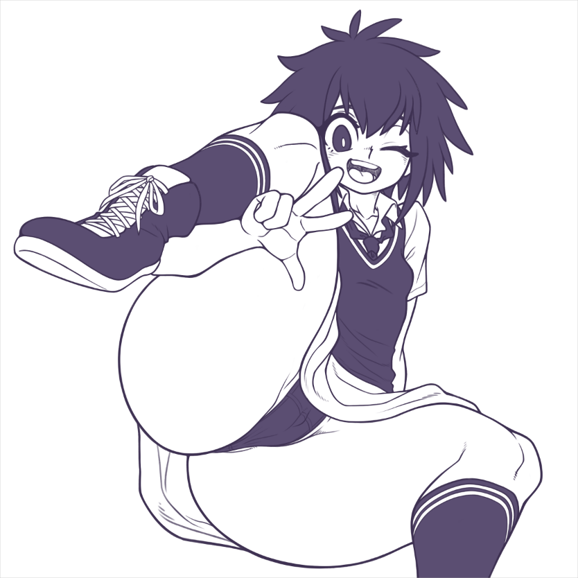 aged up, ass, big ass, clothed, female, kaikoinu, large ass, marvel, marvel comics, monochrome, panties, partially visible vulva, peace sign, peni parker, pussy, school uniform, short hair, spider-man (series), spider-man: into the spider-verse, tagme, thick thighs, wink
