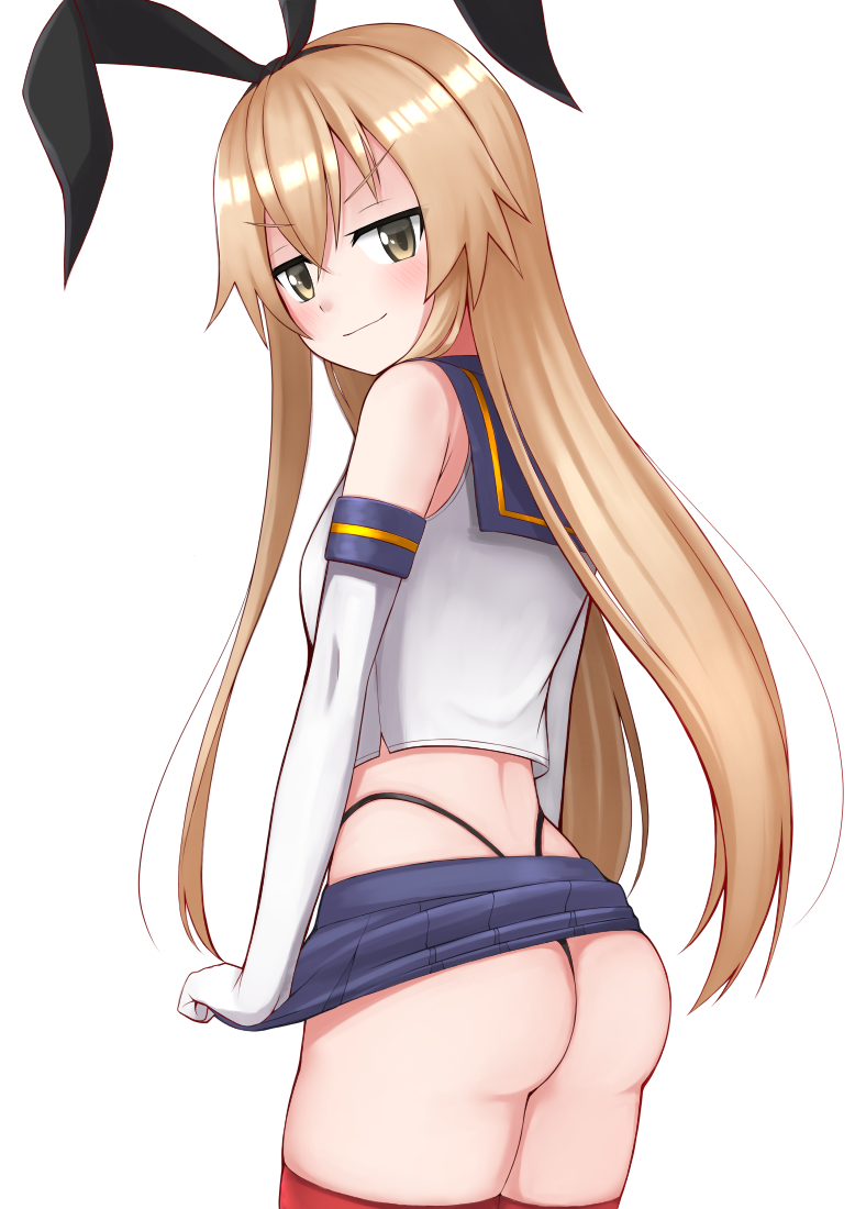 ass, blonde hair, breasts, bunny ears, female, from behind, huge ass, kantai collection, long hair, looking at viewer, shimakaze (kantai collection), sideboob, small breasts, smile, thong, yellow eyes