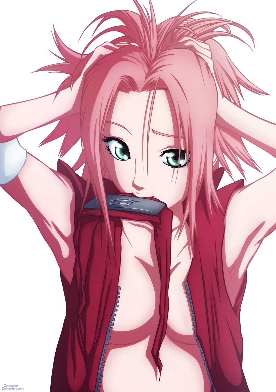 1girls, adjusting hair, armpits, breasts, cleavage, deviantart, female, female only, forehead protector, green eyes, looking at viewer, naruto, naruto (series), naruto shippuden, object in mouth, open clothes, open shirt, pink hair, sakura haruno, shirt, short hair, simple background, solo, source request, text, url, watermark, white background, zeroooart