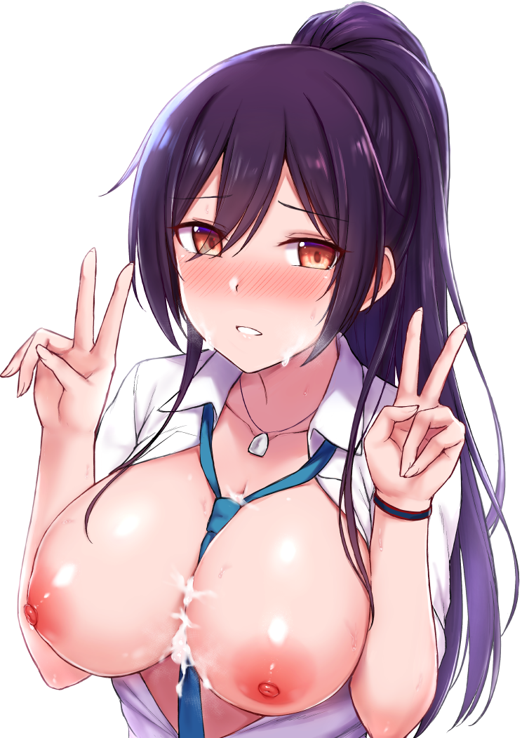 bangs black_hair blush breasts cai_geng collared_shirt cum cum_on_body cum_on_breasts cum_on_upper_body dog_tags double_v dress_shirt female green_neckwear hair_between_eyes high_ponytail idolmaster idolmaster_shiny_colors large_breasts long_hair looking_at_viewer necktie nipples open_clothes open_shirt ponytail school_uniform shirase_sakuya shirt simple_background smile solo v white_background white_shirt yellow_eyes