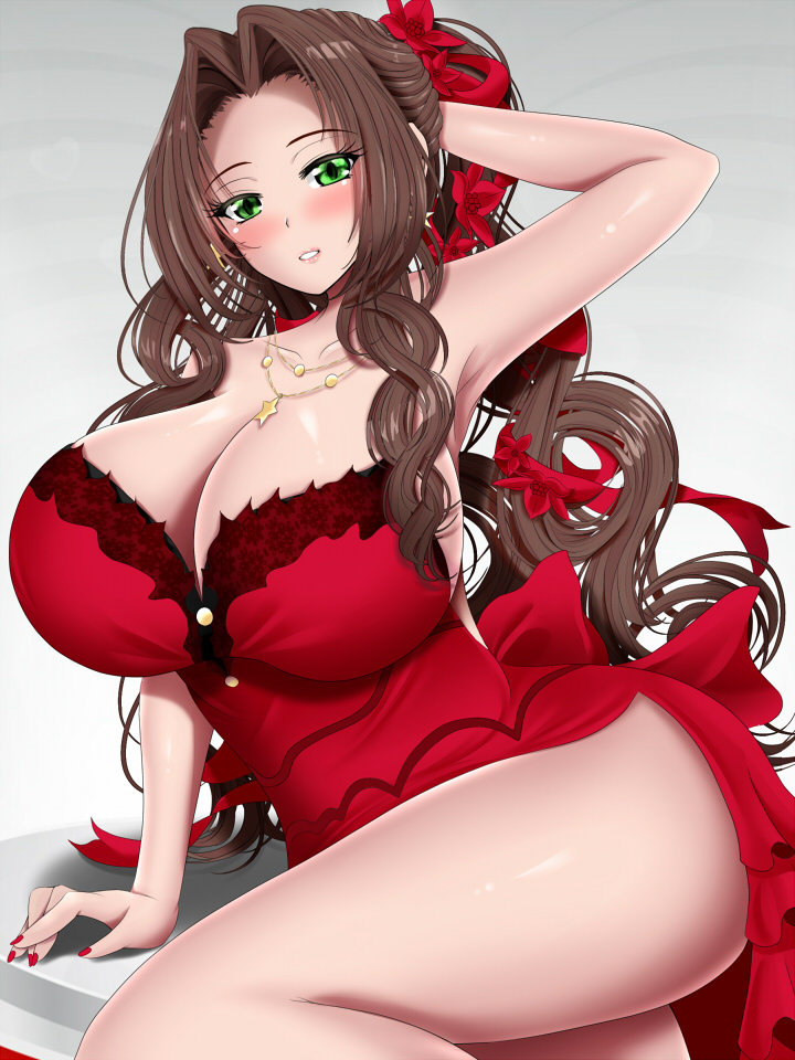 aerith gainsborough, big breasts, braided ponytail, breasts, brown hair, dress, female, female only, final fantasy, final fantasy vii, green eyes, long hair, solo, solo female, solo focus, tsukima mass