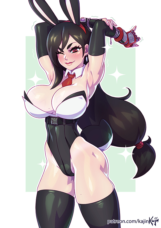 1girls, big breasts, blush, breasts, cleavage, female, female only, final fantasy, final fantasy vii, kajinman, large breasts, looking at viewer, solo, thighhighs, tifa lockhart
