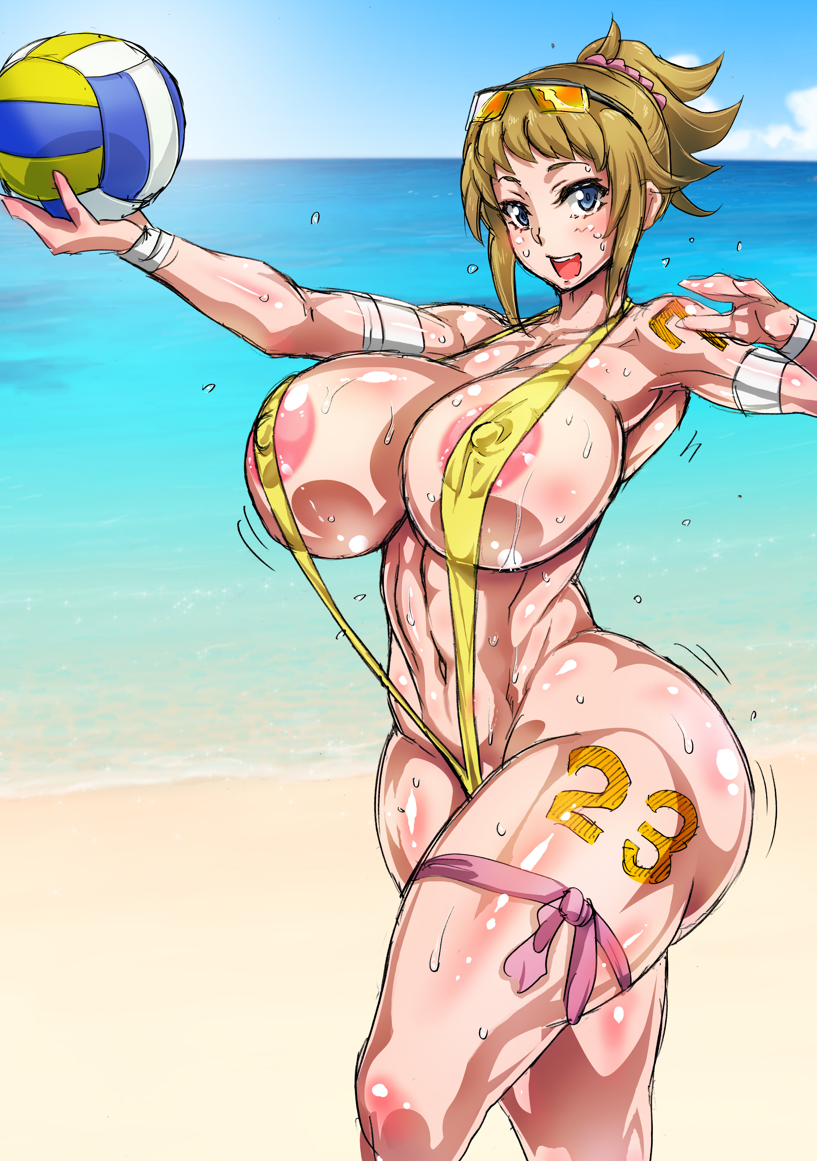 1girls, alternate version available, ando hiroyuki, areola slip, armband, bare shoulders, beach, big breasts, blonde hair, blue eyes, blush, bracelet, breasts, busty, cleavage, curvy, detailed background, erect nipple, erect nipples, eyelashes, female, female only, front view, glasses, gundam, gundam build fighters, gundam build fighters try, holding object, hoshino fumina, hourglass figure, human, looking at viewer, nipples, one-piece swimsuit, open mouth, outdoors, outside, ponytail, pose, posing, sand, shiny, shiny skin, short hair, sketch, skimpy, sling bikini, solo, standing, sunglasses, sunglasses on head, sweat, swimsuit, thick thighs, thong, tied hair, voluptuous, water, wide hips, yellow hair