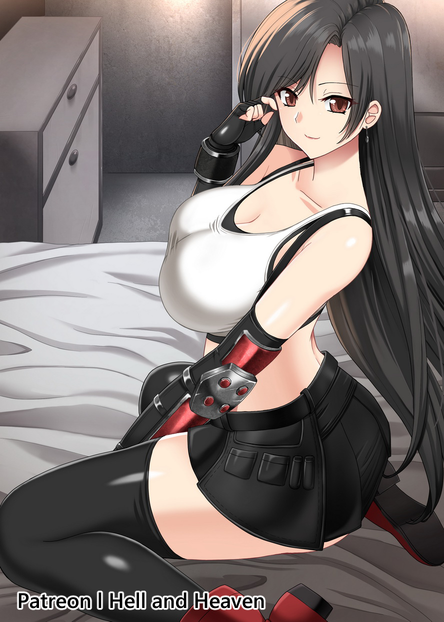 big breasts, breasts, brown eyes, brown hair, female, female only, final fantasy, final fantasy vii, hellandheaven, long hair, nipples, solo, solo female, solo focus, square enix, thighhighs, tifa lockhart