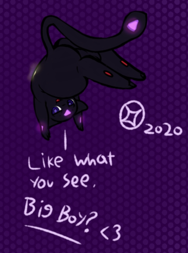 1boy 3_toes alternate_color ass black_body black_fur dialogue english_text feet feline feral floating fur furry glowing glowing_markings inviting legendary_pokemon looking_at_viewer looking_back male markings mew nintendo original_character pokémon_(species) pokemon pokemon_(species) pokemon_rgby purple_eyes solo testicles text thick_thighs toes umbra_(umbrakinetic) umbrakinetic video_games wide_hips