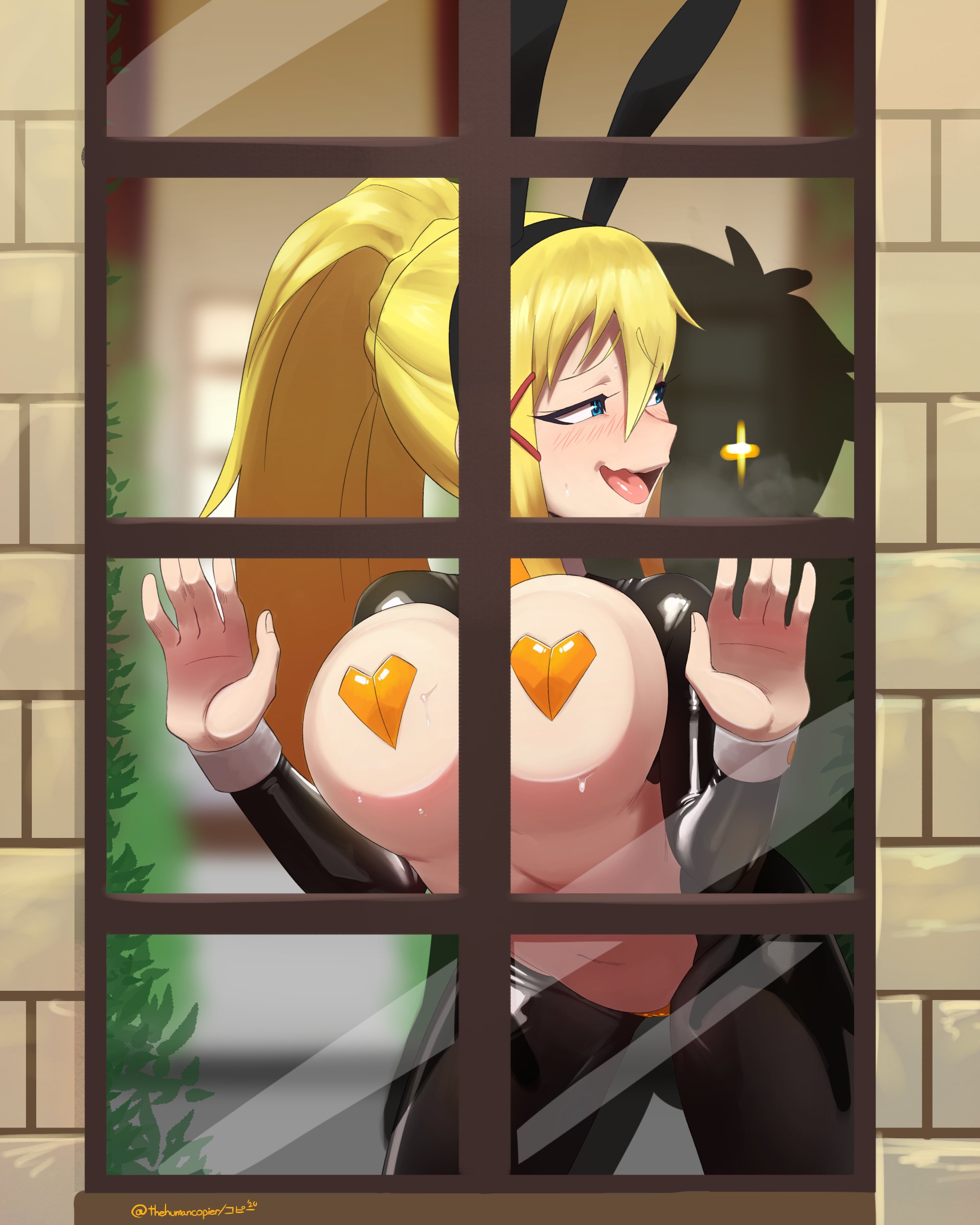 1boy, 1girls, against glass, big breasts, breasts, bunny ears, bunny girl, bunnysuit, cleavage, darkness (konosuba), faceless male, female, from behind, kono subarashii sekai ni shukufuku wo!, large breasts, male, reverse bunnysuit, satou kazuma, sex, thehumancopier