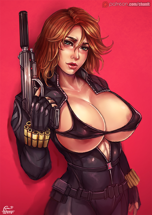 areola_slip big_breasts bikini_top black_widow_(marvel) blue_eyes bodysuit breasts breasts_bigger_than_head breasts_out clothing female female_only firearm gun human human_only kachima light-skinned_female light_skin marvel marvel_comics mature_female natasha_romanoff pistol red_hair solo solo_female solo_focus suppressor unzipped unzipped_bodysuit weapon