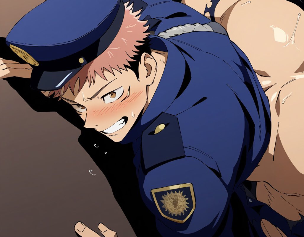 ai_generated blush bubble_butt gay gay_sex itadori_yuuji jujutsu_kaisen male_only muscular_male pink_hair police_uniform without_pants yaoi