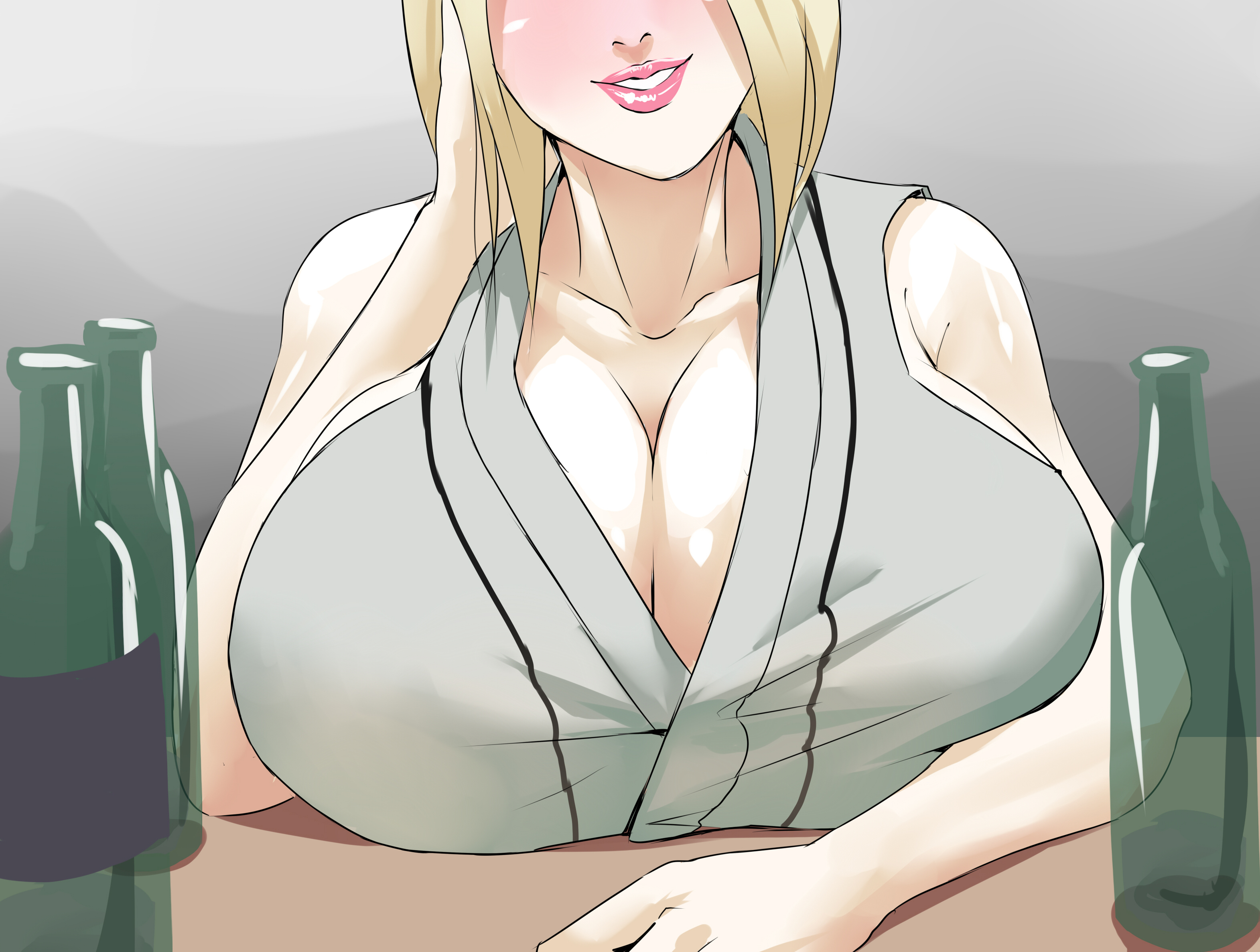 1girls, alcohol, big breasts, blonde hair, blush, breast focus, breasts, breasts on table, cleavage, drunk, female, female only, head out of frame, huge breasts, long hair, mature female, milf, naruto, naruto (series), shinimi (nishimiya shirone), smile, solo, solo female, solo focus, tsunade