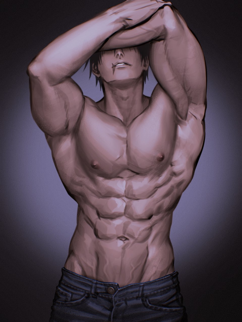 1boy, abs, ameamezou, jujutsu kaisen, male, male only, muscular, muscular male, solo, solo male, toji fushiguro