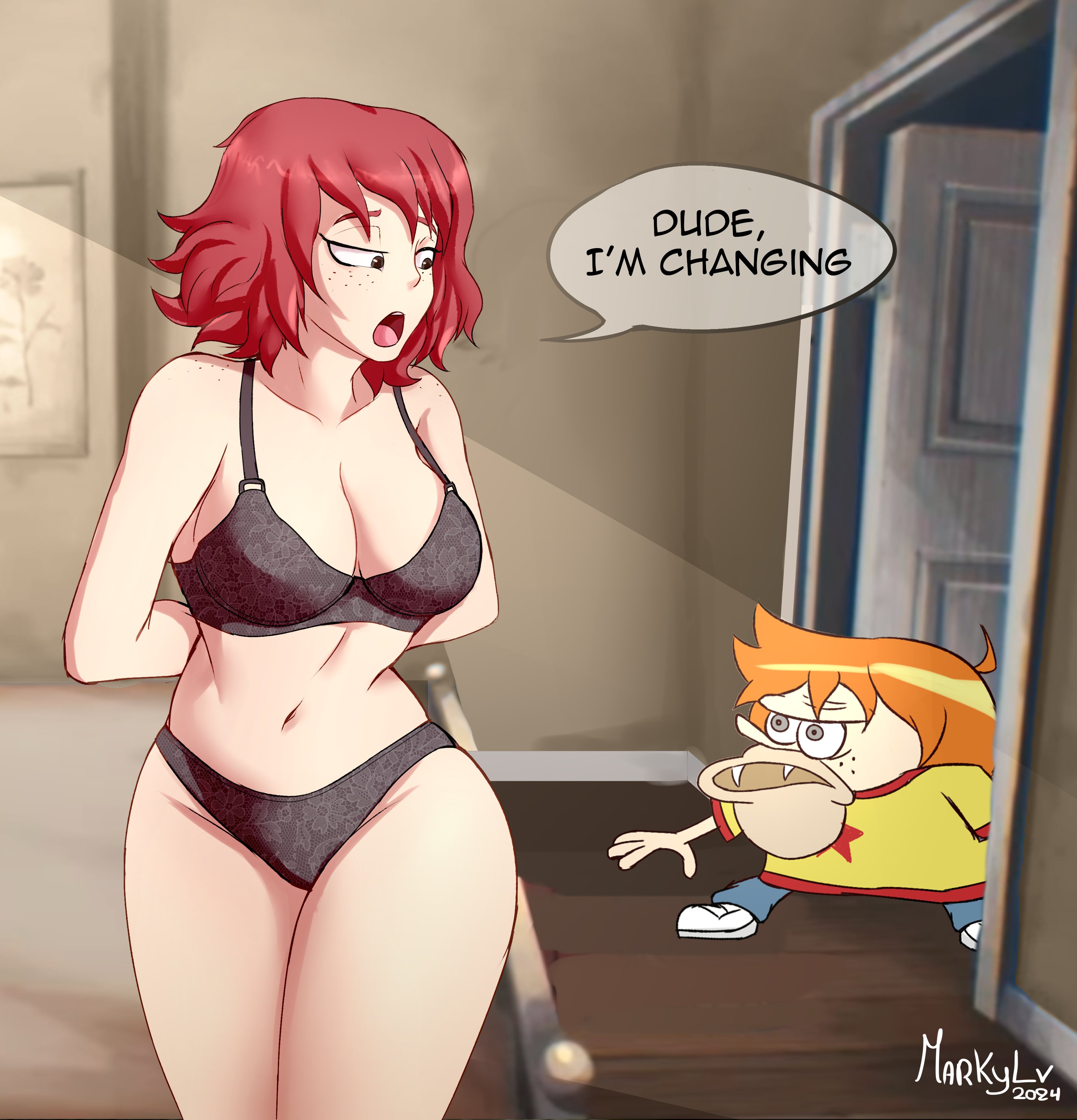 1boy, 1girls, ahoge, arms behind back, black underwear, brown eyes, fangs, female, freckles, freckles on face, freckles on shoulders, grey eyes, kim pine, male, meme, mvoid lv, orange hair, panties, red hair, scott pilgrim, scott w pilgrim, short hair, spongebob reference, spongebob squarepants, underwear, voidylv