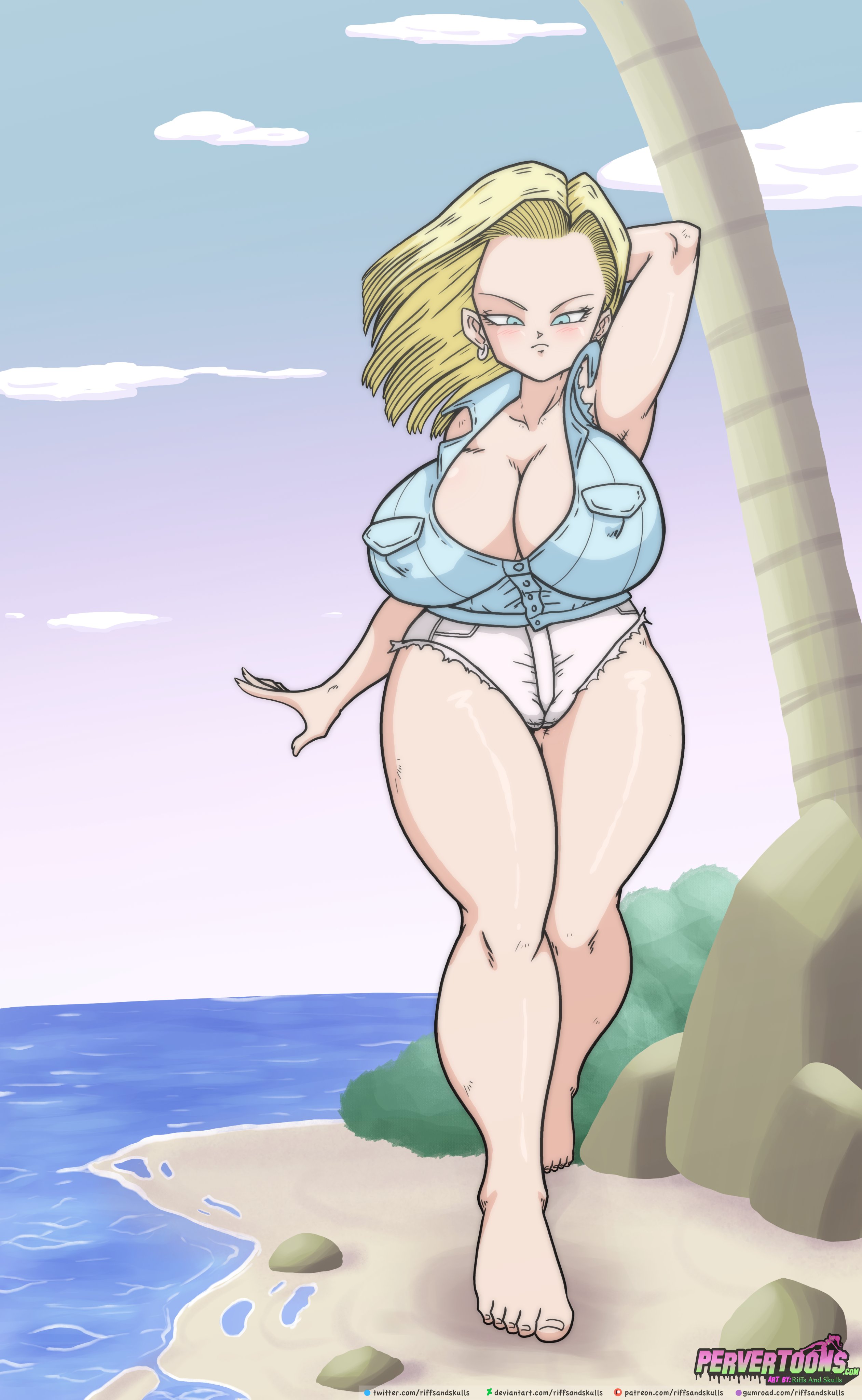 1girls, android 18, beach, big breasts, blonde hair, blue hair, breasts, cleavage, dragon ball, dragon ball z, earrings, eyebrows, female, female only, large breasts, looking at viewer, milf, pervertoons, riffsandskulls, solo, solo female, solo focus, thick thighs, thighs, wide hips