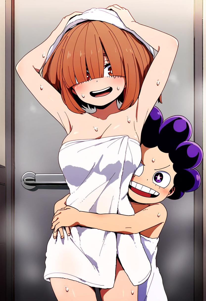 ai_generated alfort arms_raised bathroom boku_no_hero_academia drying hugging komori_kinoko male/female minoru_mineta my_hero_academia standing straight towel towel_only