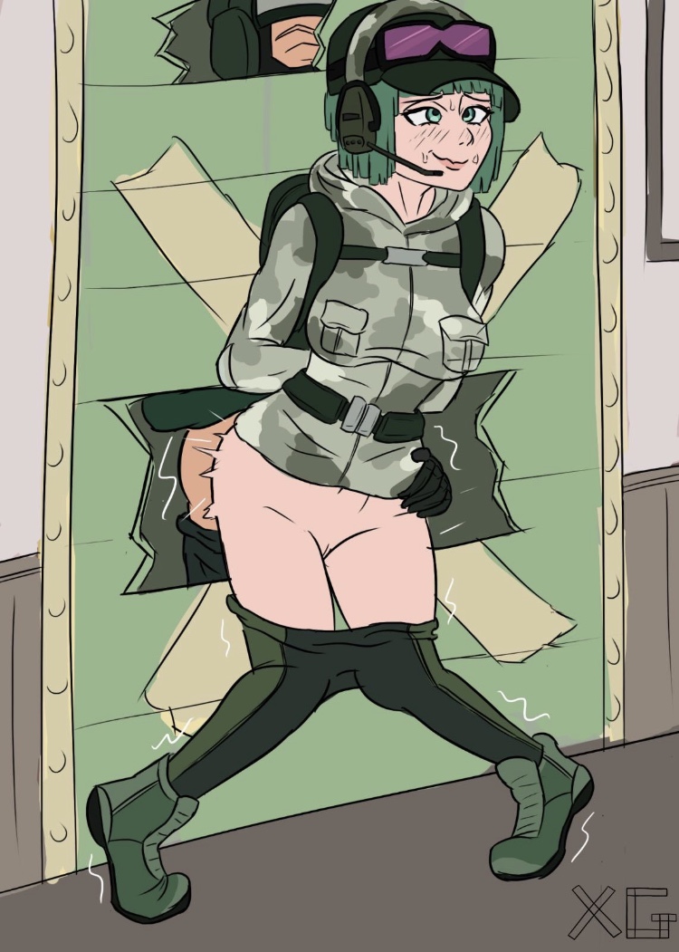 1boy, 1girls, against wall, anal, anal sex, blush, clothed sex, clothing, ela (rainbow six), female, from behind, from behind position, green eyes, height difference, knees together feet apart, larger female, leggings, male, multicolored pants, nervous smile, no artist, no source, pants, pants down, penetration, pussy, rainbow six, rainbow six siege, sex, short hair, shorter male, size difference, smaller male, standing, standing sex, taller female, tiptoes, tom clancy