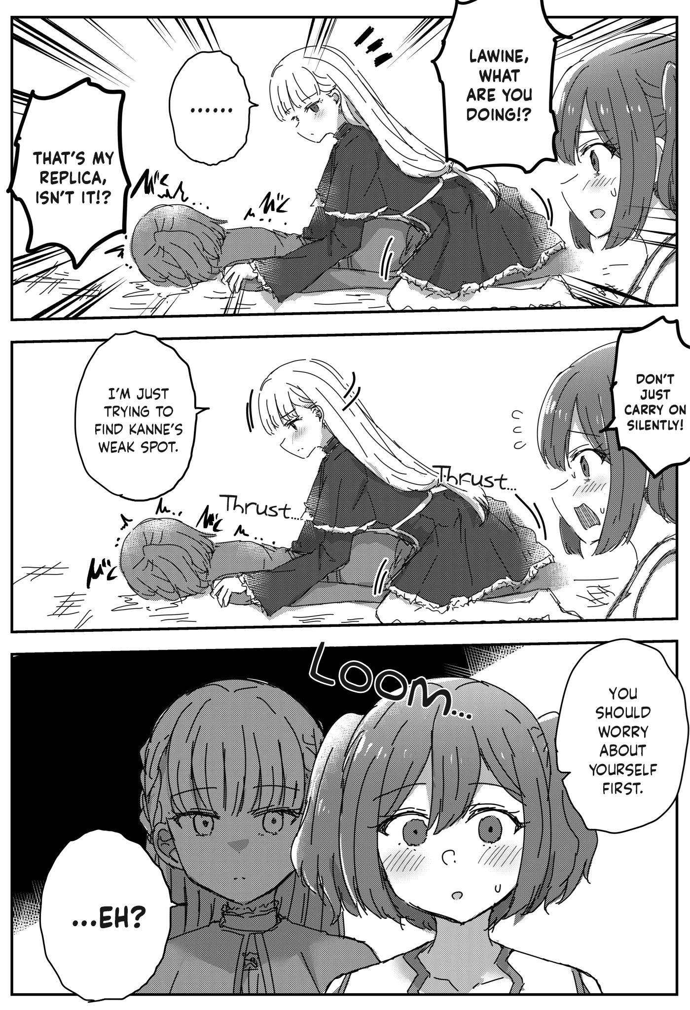 4girls, black and white, clone, clothed, clothing, comic, dry humping, english dialogue, english text, female, female only, femdom, greyscale, humping, imminent rape, imminent sex, immobile, kanne (sousou no frieren), lawine (sousou no frieren), monochrome, multiple females, multiple girls, pinned, pinned down, pinned to floor, questionable consent, raping a clone, slowrider87, sousou no frieren, speech bubble, text, yuri