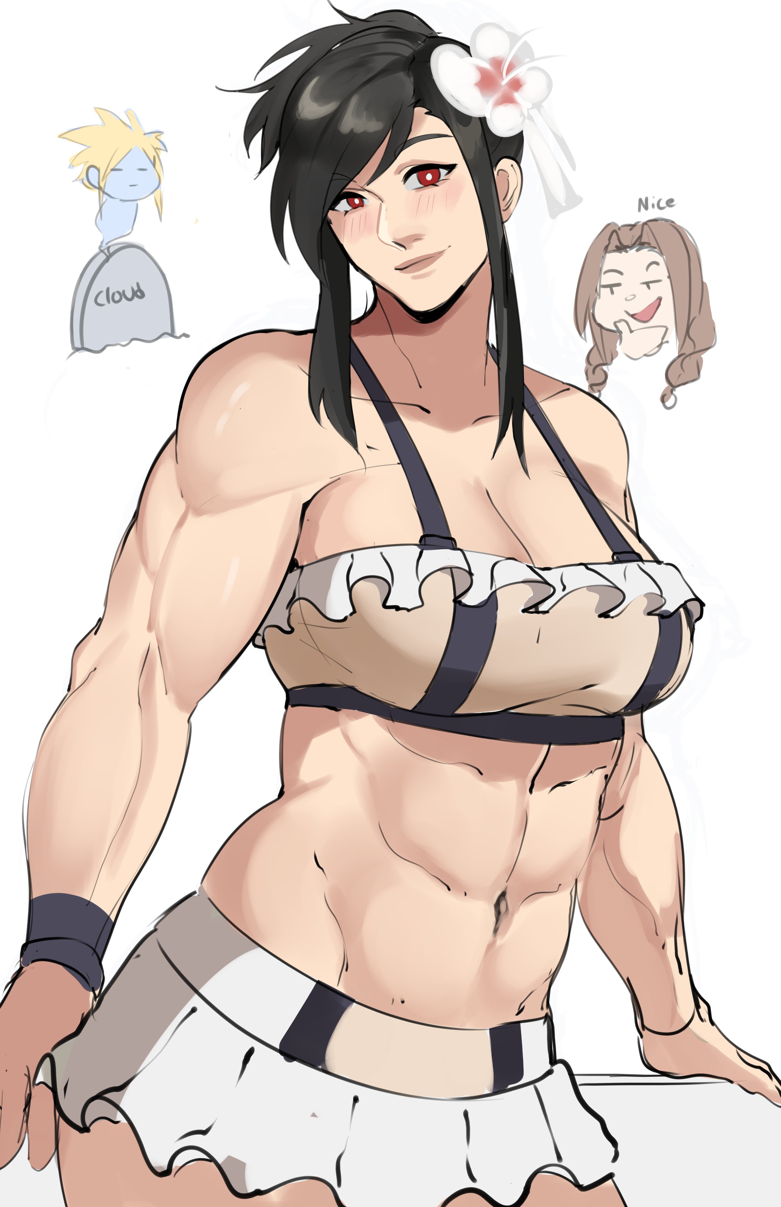 1girls, aerith gainsborough, black hair, buff, chibi, cleavage, cloud strife, female, female focus, final fantasy, final fantasy vii, final fantasy vii rebirth, final fantasy vii remake, flower in hair, muscular, muscular female, puzzled artist, skirt, swimsuit, tifa lockhart, tifa lockhart (shining spirit)