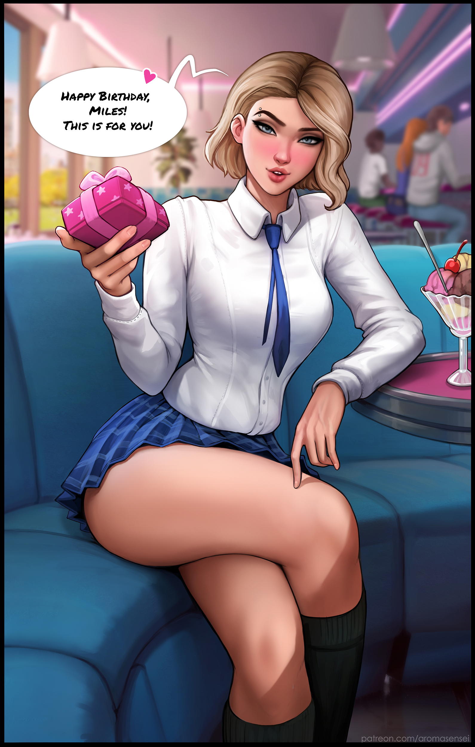 aroma sensei, blonde hair, blue eyes, blush, clothing, dark skin, dark-skinned male, eyebrow piercing, female, gwen stacy, male, marvel, marvel comics, miles morales, pov, public, public vibrator, remote control, remote control vibrator, skirt, spider-man (series), spider-man: into the spider-verse, straight, tagme, thick thighs, thighs, vibrator