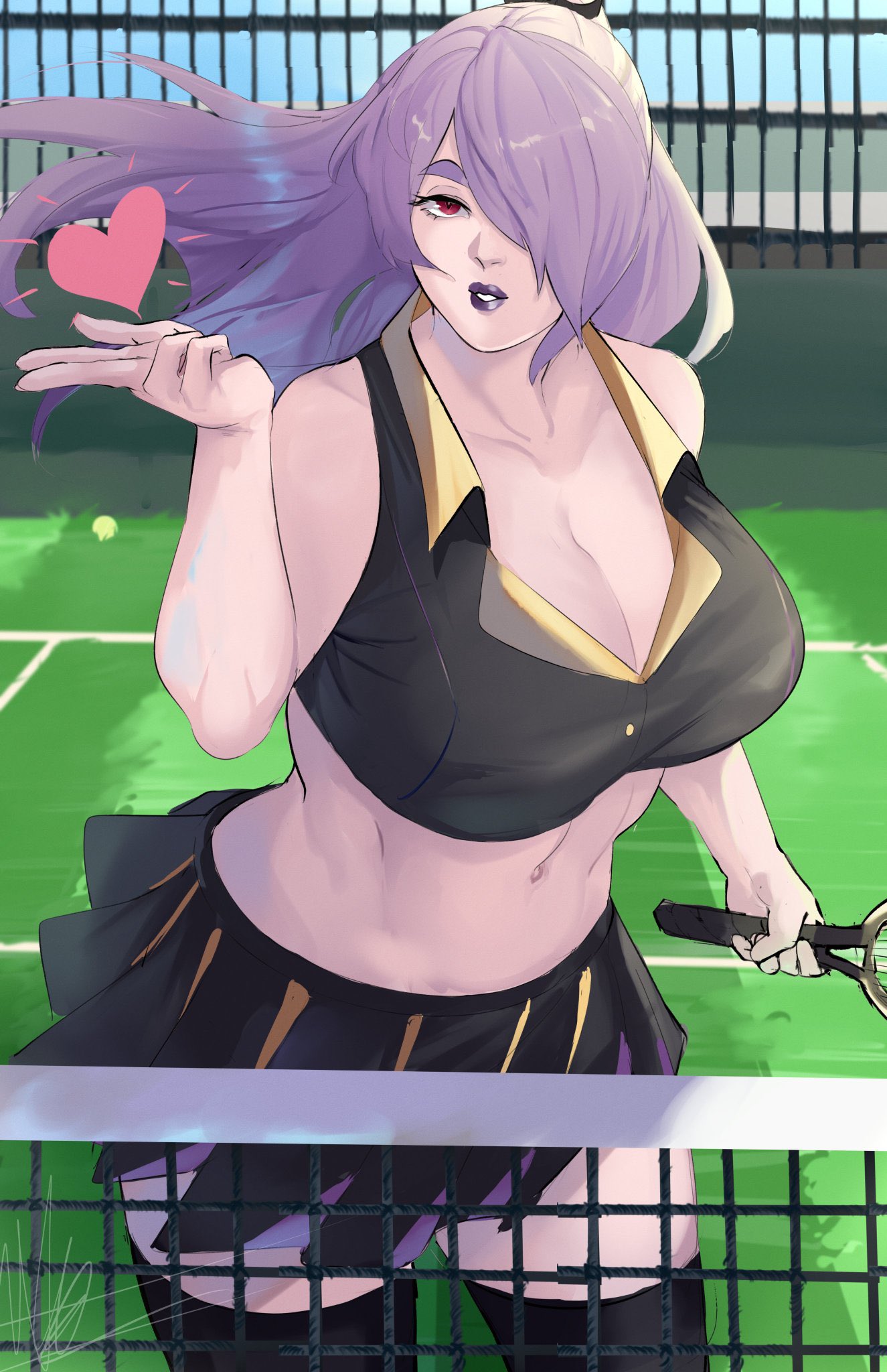 1girls alternate_costume blowing_kiss breasts camilla_(fire_emblem) cleavage fire_emblem fire_emblem_fates hair_over_one_eye heart-shaped_pupils large_breasts light-skinned_female long_hair nintendo purple_hair puzzled_artist skirt solo tennis tennis_court tennis_racket tennis_uniform thighhighs