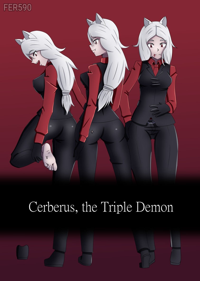 3girls cerberus_(helltaker) comic demon dog_ears feet female fer590 giantess giantess-fan-comics helltaker male red_eyes tagme white_hair