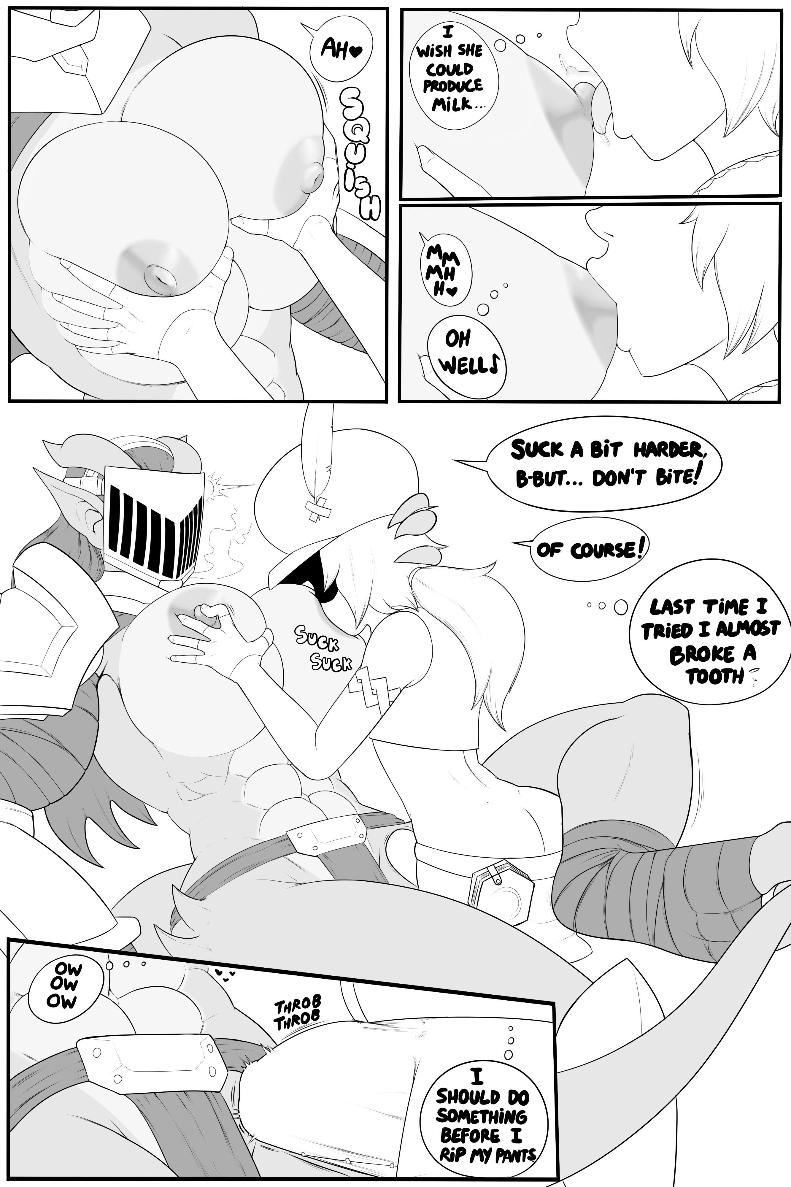1boy, 1girls, abby (redboard), abigail (redboard), absurd res, anthro, armor, ass, big breasts, breast grab, breasts, clothing, comic, dialogue, dragon, duo, english text, erection, erection under clothing, female, geo (redboard), hand on breast, hi res, huge breasts, human, larger female, male, male human/female anthro, mammal, monochrome, muscular, muscular female, nipple fetish, nipple play, nipple suck, nipples, redboard, size difference, sketch, smaller male, straight, sucking, tenting, text