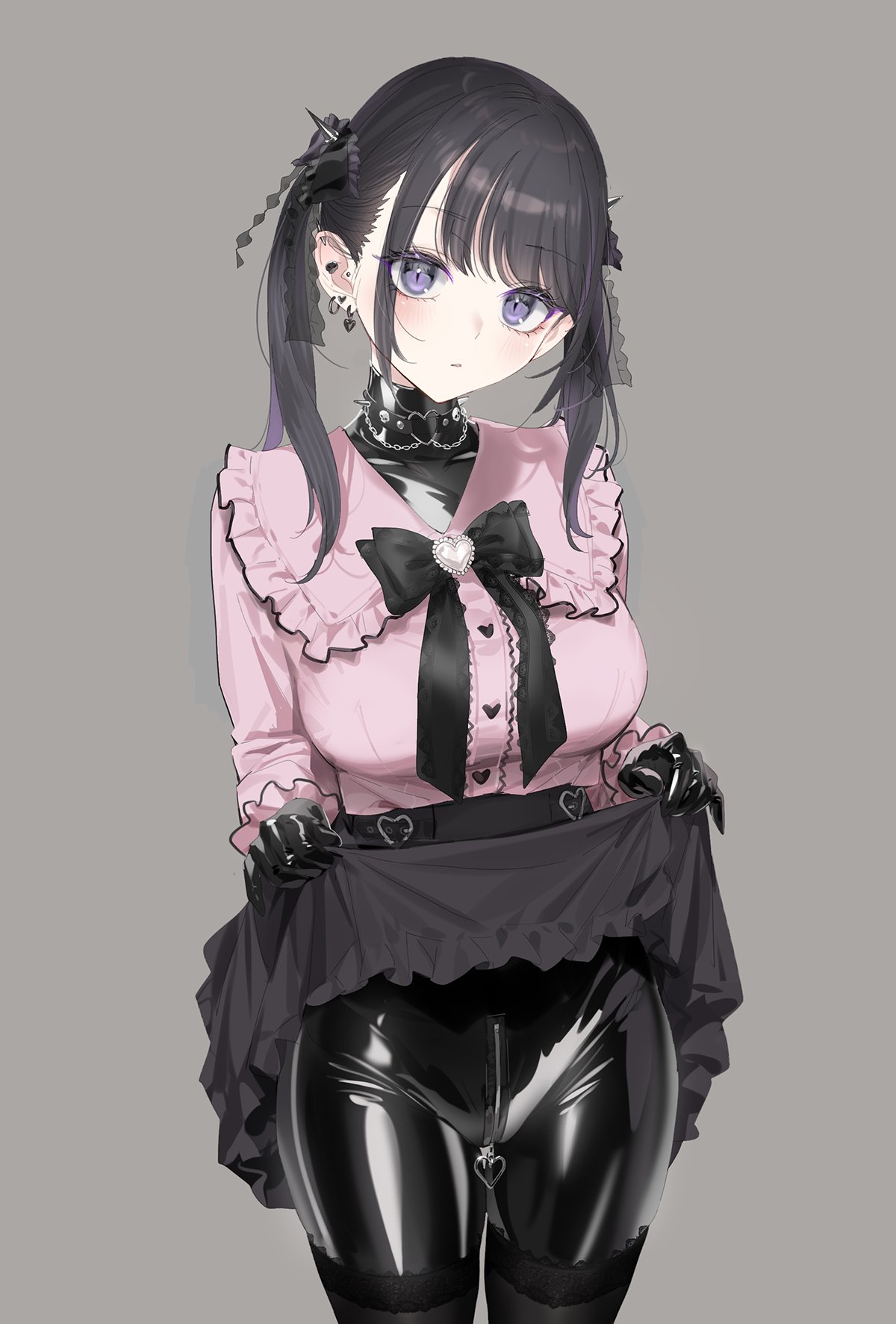 blush, bowtie, ear piercing, earrings, frilled dress, fully clothed, head tilt, jirai kei, latex suit, presenting, purple eyes, short hair, skirt, skirt lift, twintails, zipper